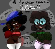 2023 afro_puffs artist:hipfucker character:lana_loud character:lisa_loud cleavage dark-skinned_female dialogue earrings glasses looking_at_viewer midriff panties raceswap sweater talking_to_viewer thick_thighs thigh_highs thong underwear wide_hips // 576x512 // 115KB