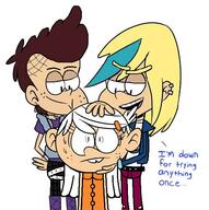 artist_request character:lincoln_loud character:linka_loud character:luke_loud character:luna_loud character:sam_sharp dialogue genderswap half-closed_eyes looking_at_another // 518x520 // 97.2KB