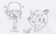 2017 artist:julex93 blushing character:lincoln_loud character:lucy_loud hearts looking_to_the_side lucycoln sketch smiling // 513x316 // 47KB