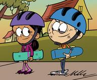 2020 artist:kyloroud95 character:lincoln_loud character:ronnie_anne_santiago helmet holding_object hurt interracial looking_at_another ronniecoln skateboard smiling // 2800x2300 // 2.2MB