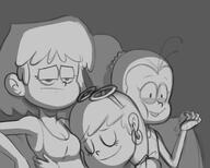 2016 black_and_white character:leni_loud character:lori_loud character:luan_loud couch eating // 2500x2000 // 252KB
