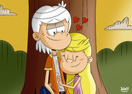 2019 aged_up arm_around_back artist:julex93 blushing character:lincoln_loud character:lola_loud cloud eyes_closed half-closed_eyes hand_on_belly hearts hug hugging lolacoln looking_down sitting smiling tree valentine's_day // 3500x2500 // 1.7MB