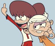 arm_around_shoulder artist:spritermax character:lincoln_loud character:lynn_loud lynncoln middle_finger // 845x697 // 171.3KB