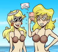 2016 alternate_outfit beach blushing character:leni_loud character:lori_loud coconuts_bra flower_crown glasses holding_object phone sunglasses text // 1800x1615 // 775KB