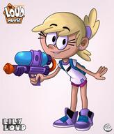 aged_up artist:thefreshknight character:lily_loud gun half-closed_eyes holding_weapon looking_at_viewer smiling solo source_request tagme text // 1594x1868 // 808.2KB