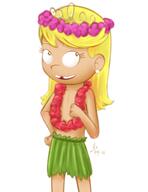 2016 alternate_outfit artist:vs_drawfag character:lola_loud flat_chest flower_crown flower_necklace hand_on_hip leaf_skirt looking_at_viewer looking_up midriff open_mouth smiling solo topless // 1275x1650 // 821.6KB