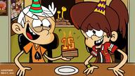 2022 artist:louddefender birthday cake character:lincoln_loud character:lynn_loud crossed_eyes holding_food looking_at_another lynncoln party_hat sitting smiling table tongue_out // 1280x720 // 128KB