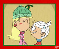 2017 alternate_outfit artist:julex93 blushing character:leni_loud character:lincoln_loud christmas eyes_closed hand_holding kissing lenicoln mistletoe scarf smiling sweat winter_clothes // 3000x2500 // 3.5MB