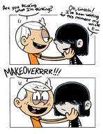 2017 artist:dipper character:lincoln_loud character:lucy_loud clone_high coloring colorist:emeritus comic dialogue hands_on_cheeks looking_at_another looking_at_viewer lucycoln parody smiling text // 715x925 // 283KB