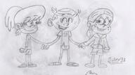 2016 artist:julex93 character:lincoln_loud character:lynn_loud character:ronnie_anne_santiago eyes_closed hand_holding open_mouth sketch smiling // 681x384 // 83KB