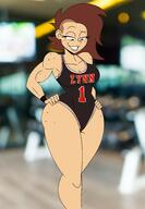 aged_up alternate_hairstyle artist:chillguydraws au:thicc_verse big_breasts character:lynn_loud edit freckled_breasts freckles fresh_lynn gym leotard smiling solo wide_hips // 1418x2048 // 255KB