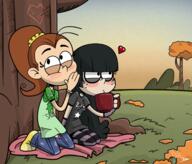 2017 alternate_outfit artist:bunnyabsentia blanket blushing character:luan_loud character:maggie cup drinking grass heart looking_away looking_to_the_side luaggie mug on_knees sitting text tree yuri // 2700x2300 // 6.4MB