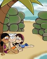 artist:pepemay beach blushing character:lincoln_loud character:ronnie_anne_santiago character:sid_chang looking_at_another lying on_front palm_tree sidonniecoln sitting swimsuit // 1775x2250 // 328.1KB