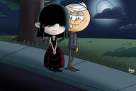 2019 alternate_outfit arm_around_shoulder artist:julex93 blushing character:lincoln_loud character:lucy_loud cloud dress half-closed_eyes hands_together holding_arm looking_down lucycoln moon night shadow smiling suit tree // 3000x2000 // 2.7MB