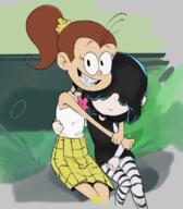 2022 arm_around_shoulder artist_request character:luan_loud character:lucy_loud hugging looking_at_viewer redraw sitting smiling // 700x798 // 342.1KB
