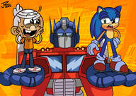 2020 artist:jake-zubrod character:lincoln_loud character:optimus_prime character:sonic_the_hedgehog crossover looking_at_another smiling sonic_the_hedgehog transformers // 1280x906 // 249.9KB