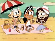 2021 alternate_outfit artist:xsunnyeclipse beach character:lincoln_loud character:ronnie_anne_santiago character:sid_chang cloud food hat holding_beverage holding_object ice_cream looking_at_another on_knees picnic sandals sitting smiling sun_hat sunglasses towel umbrella // 4000x3000 // 1.7MB