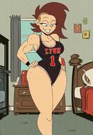 aged_up alternate_hairstyle artist:chillguydraws au:thicc_verse bed big_breasts character:lynn_loud edit freckled_breasts freckles fresh_lynn leotard smiling solo wide_hips // 1418x2048 // 421KB