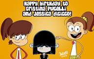 2018 artist:julex93 birthday character:luan_loud character:lucy_loud character:lynn_loud cristina_pucelli hand_on_hip hands_on_hips jessica_dicicco looking_at_viewer open_mouth smiling text voice_actor_connection // 4000x2500 // 3.5MB