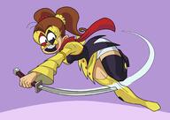 alternate_outfit character:luan_loud costume holding_object holding_weapon looking_at_viewer mask mouth_open pigtails smiling solo superhero sword the_full_deck // 2048x1449 // 202.9KB