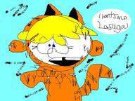 2017 animal_costume artist:pb cat_ears cat_tail character:lana_loud cosplay costume dialogue garfield open_mouth parody smiling solo text // 512x384 // 45KB