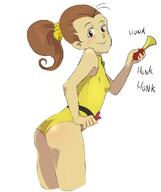 2016 artist_request bending_over blushing character:luan_loud coloring holding_object horn looking_at_viewer looking_back one_piece_swimsuit rear_view smiling solo swimsuit text // 1035x1233 // 381KB