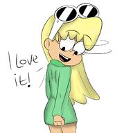 2017 alternate_outfit artist:extricorez character:leni_loud comic dialogue looking_down open_mouth proto-leni prototype_design smiling solo sweater text // 1280x1280 // 379KB