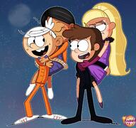 artist:xsunnyeclipse character:dipper_pines character:lincoln_loud character:pacifica_northwest character:ronnie_anne_santiago crossover dippercoln gravity_falls ronniecoln // 3204x3000 // 847.0KB