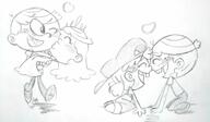 2016 artist:faganon bridal_carry carrying character:lana_loud character:lincoln_loud character:lola_loud cheek_kiss heart kiss lanacoln lolacoln nose_to_nose on_knees sketch // 2588x1504 // 173KB