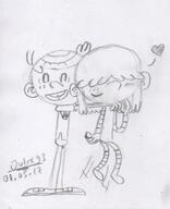 2017 artist:julex93 blushing carrying character:lincoln_loud character:lucy_loud eyes_closed heart hug hugging lucycoln open_mouth sketch smiling // 401x492 // 49KB