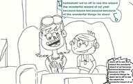 2017 artist:tmntfan85 character:leni_loud character:lincoln_loud clapping couch dialogue open_mouth singing sitting sketch smiling text the_wizard_of_oz tv // 953x604 // 163KB