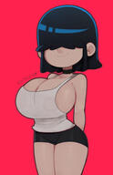 2024 aged_up artist:postblue98 big_breasts character:lucy_loud collar gym_clothes gym_shorts looking_at_viewer nipples shorts smiling solo sweat thick_thighs // 1939x3000 // 1.6MB