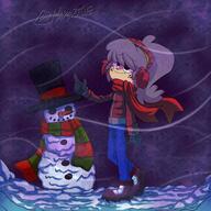 artist:exodus2rain character:lacy_loud earmuffs looking_up lynncoln ocs_only original_character scarf sin_kids smiling snow snowman solo winter_clothes // 3000x3000 // 1.1MB