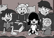 artist:jake-zubrod artist_self_insert black_and_white character:lincoln_loud character:lola_loud character:lucy_loud character:luna_loud feet original_character pajamas sitting // 1024x725 // 119.5KB