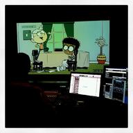 2017 behind_the_scenes chair character:clyde_mcbride character:lincoln_loud fist frowning looking_up open_mouth photo pose raised_arm raised_leg screenshot:kick_the_bucket_list sitting smiling table text window // 1080x1080 // 89KB