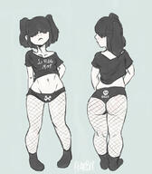 2017 alternate_hairstyle alternate_outfit artist:hatebit ass character:lucy_loud fishnets hands_behind_back midriff pigtails simple_background solo text thick_thighs // 700x800 // 221KB