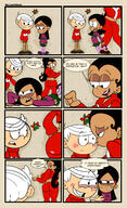2017 alternate_hairstyle alternate_outfit artist:sonson-sensei blushing carlotacoln character:carlota_casagrande character:lincoln_loud character:ronnie_anne_santiago christmas comic dialogue holiday jealous kissing midriff mistletoe ronniecoln size_difference sweat text // 2837x4650 // 7.6MB