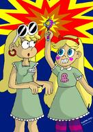 2017 artist:tsukino-kun character:leni_loud character:star_butterfly crossover holding_object looking_up open_mouth simple_background smiling star_vs_the_forces_of_evil text wand // 751x1064 // 137KB