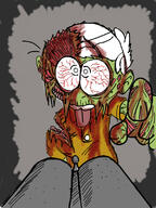 2017 artist:patanu102 blood bloodshot_eyes brain character:lincoln_loud gore gun looking_at_viewer pov solo tongue_out zombie // 600x800 // 144KB