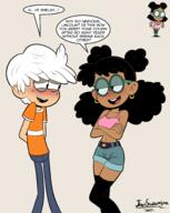 2023 afro_puffs aged_up arms_crossed artist:javisuzumiya blushing buck_teeth character:lincoln_loud character:shelby_loud cleavage dark-skinned_female dialogue earrings glasses half-closed_eyes hotpants looking_at_another shelbycoln stocking tank_top text // 2387x2991 // 974KB