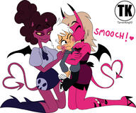 alternate_outfit character:apple character:coco character:lincoln_loud crossover demon fanfiction fanfiction:a_loud_among_demons freckles helluva_boss helluvaboss hoodie hugging human kiss kissing larger_female looking_at_another size size_difference smaller_male tattoo // 979x816 // 100.3KB