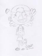 2017 aged_up artist:julex93 blushing character:lily_loud eyes_closed hands_behind_back heart raised_leg sketch smiling solo // 422x568 // 42KB