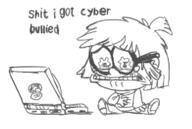 2017 artist:baryl character:lisa_loud character:ronnie_anne_santiago crying dialogue laptop logo parody redraw sitting solo spread_legs tears text unusual_pupils // 588x394 // 63KB