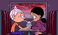 artist_request character:lincoln_loud character:ronnie_anne_santiago hand_holding heart looking_at_another milkshake ronniecoln sitting source_request sunset // 3495x2160 // 3.6MB