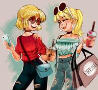 alternate_outfit artist:loudlysky beverage character:leni_loud character:lori_loud glasses holding_beverage holding_object looking_at_another midriff phone shopping smiling sunglasses tagme winking // 2048x1878 // 437.5KB