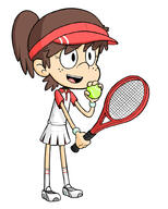 2017 alternate_outfit artist:redkaze character:lynn_loud character:skippy coloring hat holding_object open_mouth smiling solo sportswear tennis tennis_ball tennis_racket // 800x1000 // 195KB