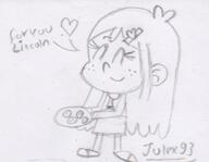 2016 artist:julex93 background_character character:cookie_qt cookie cookiecoln dialogue eyes_closed heart holding_object sketch smiling solo text // 401x311 // 30.0KB