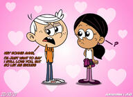 2021 ? artist:jamesmerca50 character:lincoln_loud character:ronnie_anne_santiago dialogue hand_behind_back hands_behind_back hearts looking_away open_mouth ronniecoln smiling text unusual_pupils // 1280x939 // 147KB