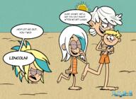 aged_up artist:megad3 barefoot beach carrying character:lina_loud character:lincoln_loud character:sam_sharp character:shawn_loud dialogue laughing love_child original_character samcoln smiling source_request swim_trunks swimsuit topless // 1280x931 // 1.4MB