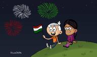 artist:universepines7102 character:lincoln_loud character:ronnie_anne_santiago fireworks flag holding_object hungary night sitting smiling stars // 4096x2427 // 503.4KB